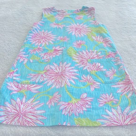 Lilly Pulitzer Girls Size 7 Aqua Pink Floral Shift Dress Pockets & Side Tie - Picture 2 of 13